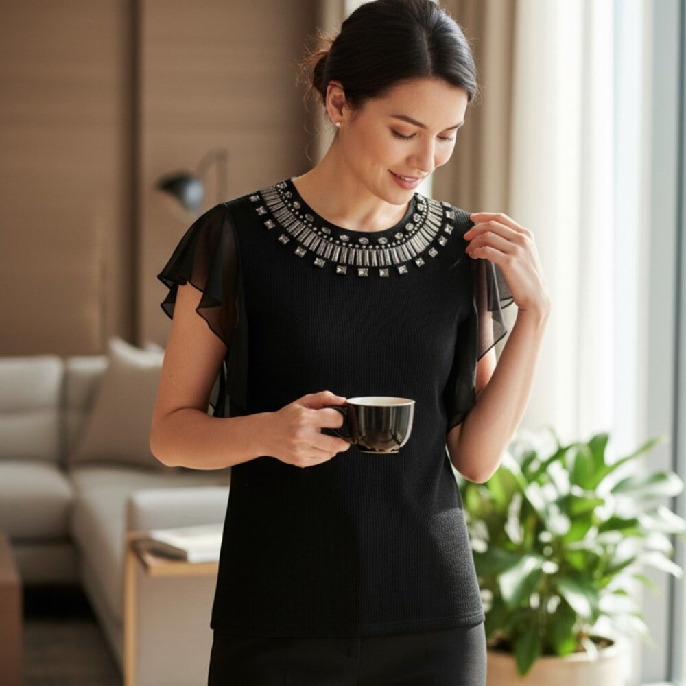 Women's W BY WORTH Black Silk Blend Embellished Collar Knit Top/Sheer Sleeves M